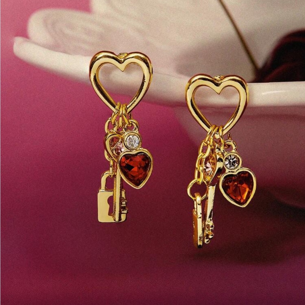 Gold Heart Dangle Earrings with lock and key details